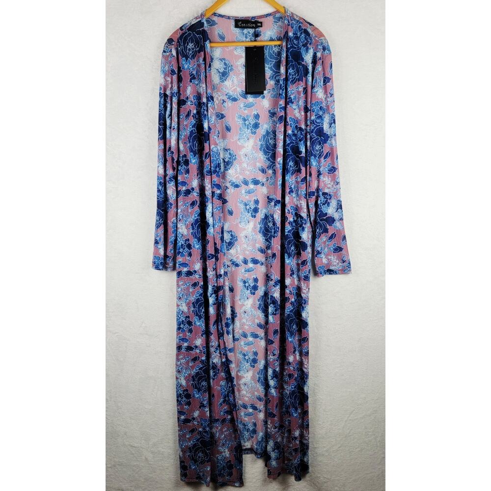 Bohemian 2XL Long Cardigan Duster Sheer Pink Blue Floral Romantic Fairycore